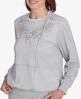 Alfred Dunner Casual Fridays Women's Embroidered Boxes Cozy Crew Neck Top