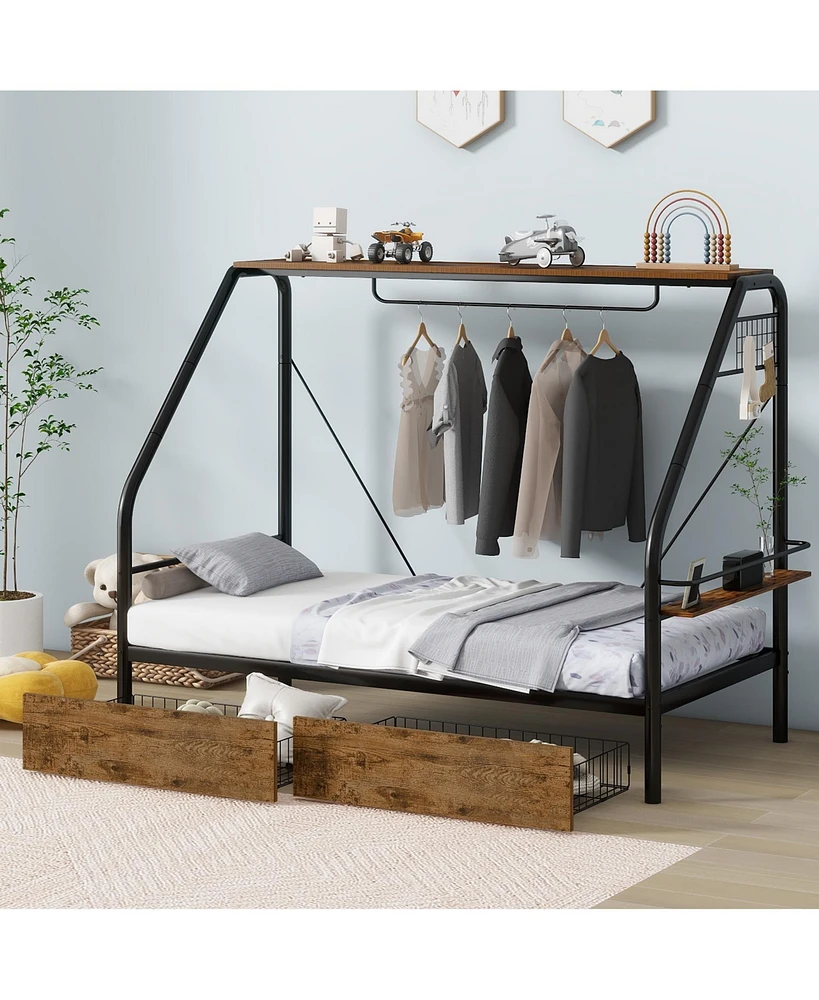 Simplie Fun Twin Platform Bed with Clothes Rack, Shelves, Drawers