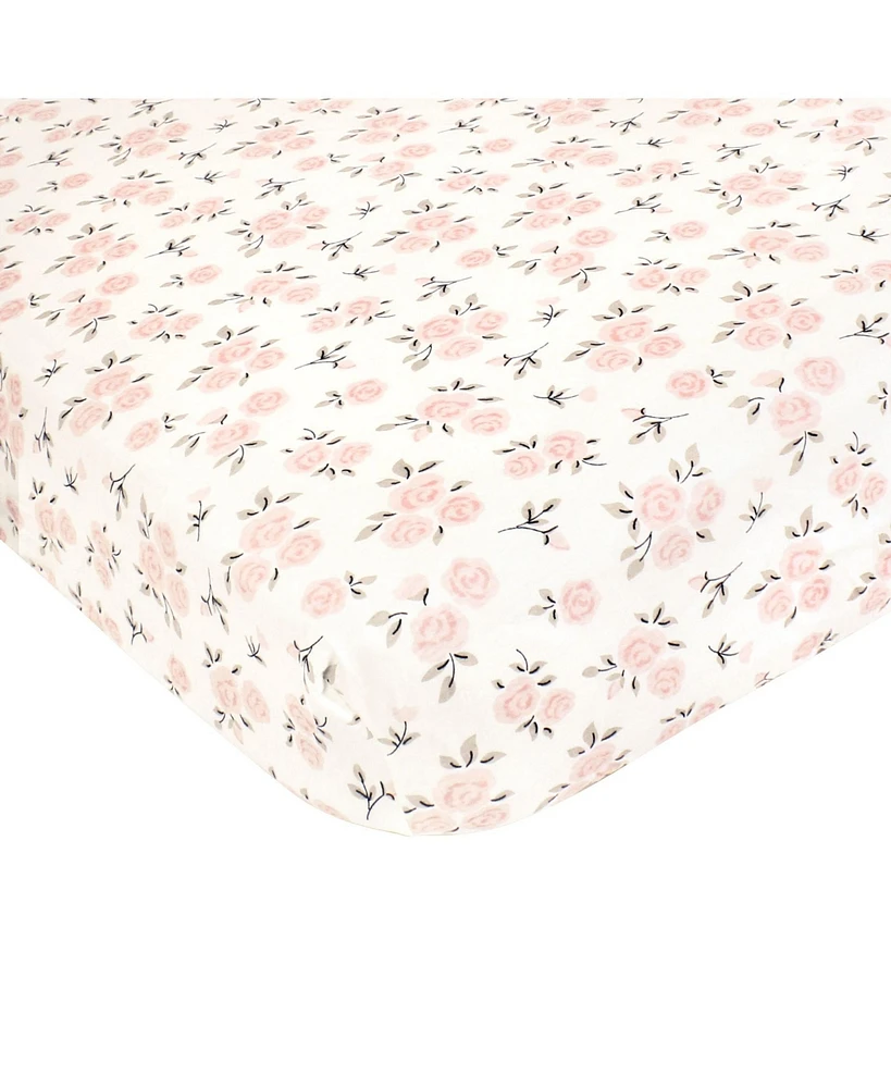 Hudson Baby Infant Girl Cotton Fitted Crib Sheet, Neutral Pink Floral, One Size