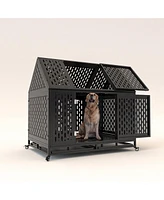 45" Indestructible Dog Crate with Roof, 2 Doors, Trays, Wheels