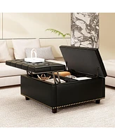 Pu Leather Oversized Storage Ottoman with Nailhead Trim