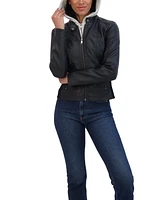 Sebby Collection Women's Zip Front Faux Leather Jacket With Removeable Hood Bib