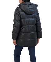 Sebby Collection Women's Faux Leather 3/4 Puffer Jacket With Hood