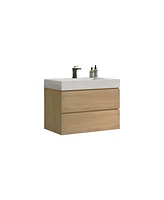 30" Wall-Mounted Vanity: Natural Oak, Glossy White Basin