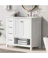 Simplie Fun 36" White Bathroom Vanity with Ceramic Sink, Cabinet, Drawers, Open Shelf