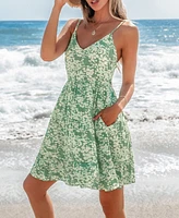 Cupshe Women's Green Floral Sleeveless V-Neck Mini Beach Dress