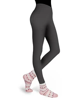 MeMoi Women's Pink Diamond Cozy Non-Skid Sock & Fleece-Lined Legging Set