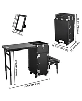 Byootique Rolling Makeup Train Case Patented Design Pedicure Nail Salon Nail Foldable Trolley Cosmetic Organizer Black with Stool
