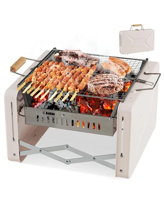 Slickblue Folding Charcoal Bbq Grill with Dishwasher-safe Grill Grids and Charcoal Box-Beige