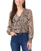 Sam & Jess Petite Floral-Print V-Neck Smocked-Cuff Blouse