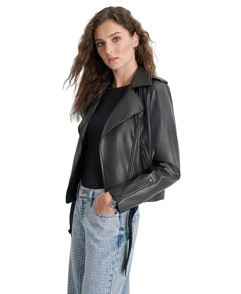 Dkny Jeans Petite Faux-Leather Belted-Hem Moto Jacket