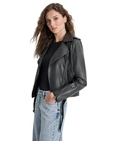 Dkny Jeans Petite Faux-Leather Belted-Hem Moto Jacket