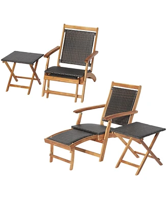 Slickblue 2 Pieces Patio Rattan Folding Lounge Chair with Acacia Wood Table