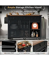 Streamdale Furniture Big Black Wood Grain Farmhouse Kitchen Island with Power Outlet and Sliding Barn Doors