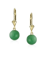 Bling Jewelry Real 14K Yellow Gold Created Green Natural Jade Round Bead Lever back Dangle Ball Drop Earrings For Women