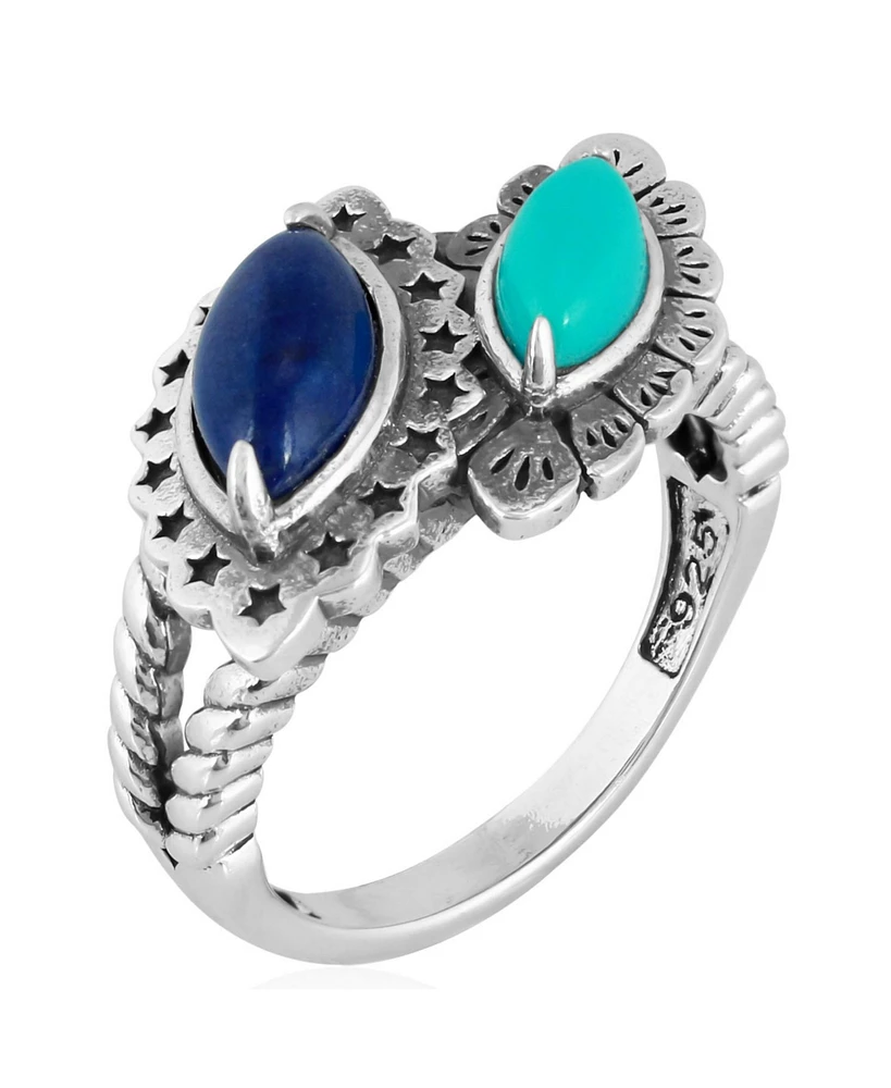 American West Jewelry Sterling Silver Night and Day Lapis Lazuli Sleeping Beauty Turquoise Gemstone Bypass Ring, 5