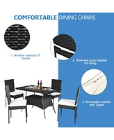 Skonyon 5 Pieces Rattan Dining Set with Glass Table and High Back Chair