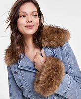 Avec Les Filles Women's Faux Fur Trim Denim Moto Jacket