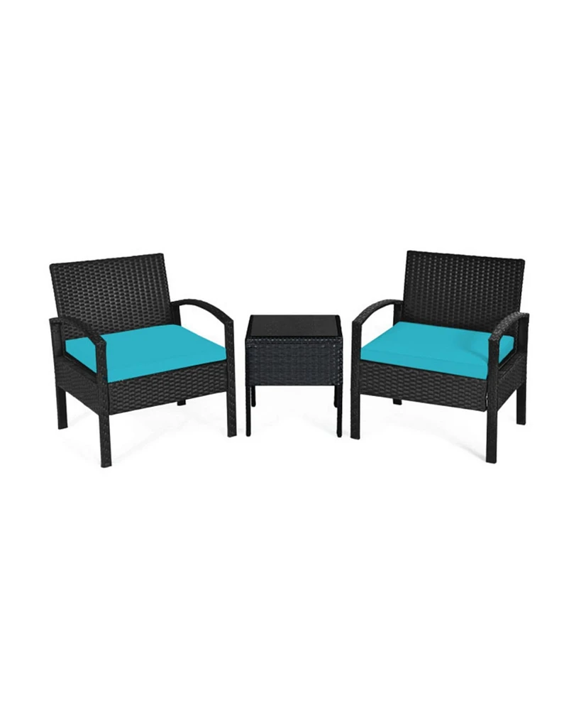 Sugift 3 Pieces Outdoor Rattan Patio Conversation Set with Seat Cushions