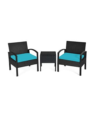 Sugift 3 Pieces Outdoor Rattan Patio Conversation Set with Seat Cushions