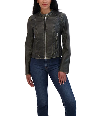 Sebby Collection Women's Distressed Faux Leather Zip Front Jacket