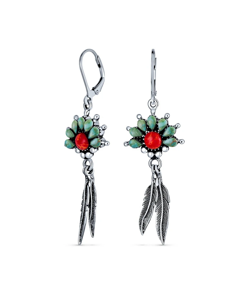 Bling Jewelry South West Native American Style Squash Blossom Natural Turquoise Coral Feather Lever Back Dangle Earrings For Women Sterling Silver