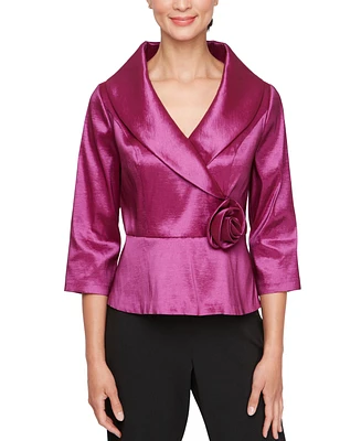 Alex Evenings Petite Shawl-Collar Rosette-Trim Top