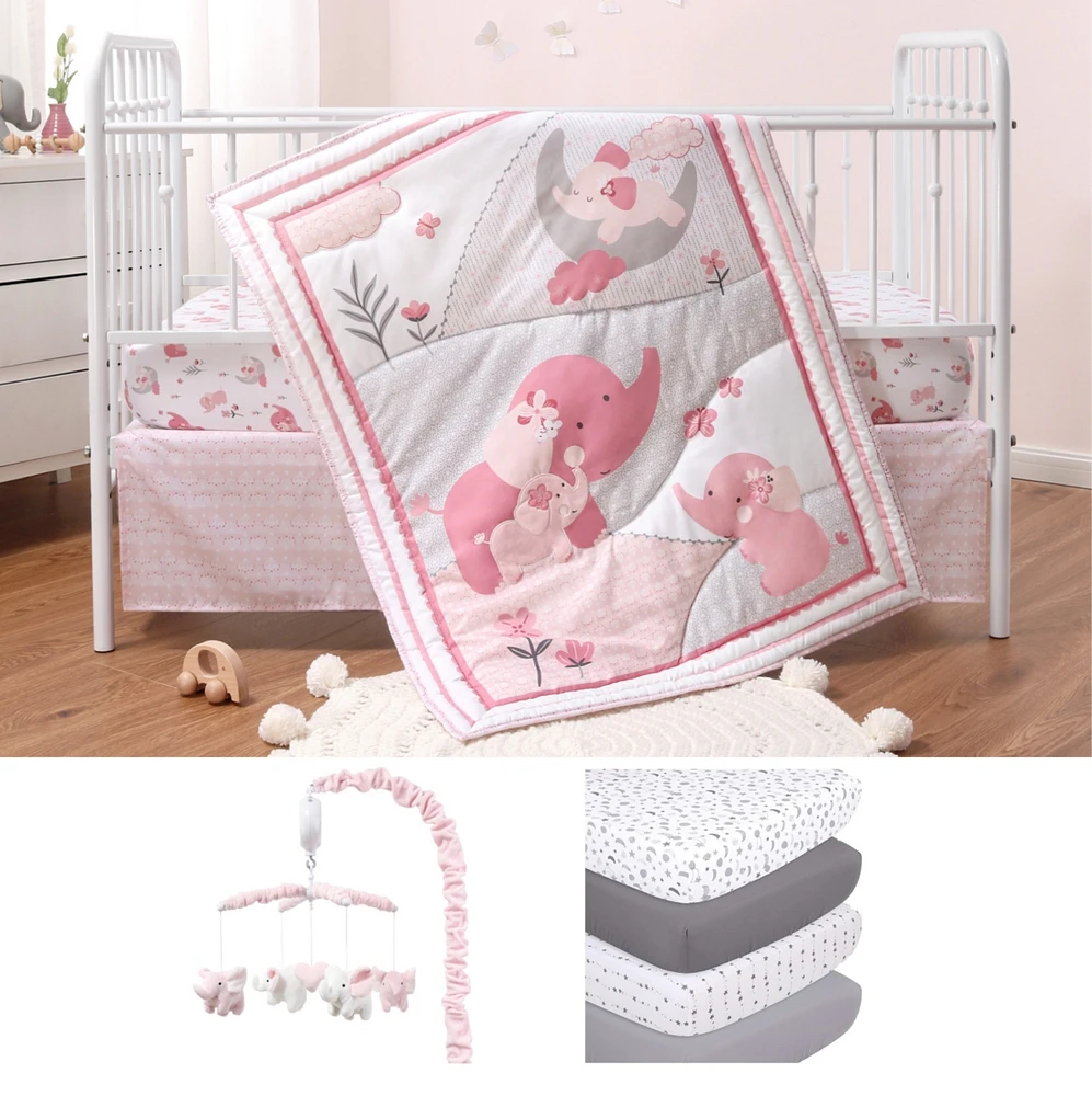 The Peanutshell Pink Elephant 8 Piece Baby Nursery Crib Bedding Set, Quilt, Crib Sheets, Crib Skirt, and Mobile