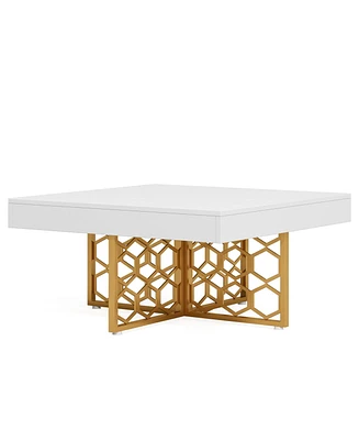 Tribesigns White and Gold Coffee Table White Square Coffee Table with Gold Base Modern Square Coffee Table for Living Room Wood White Tea Table