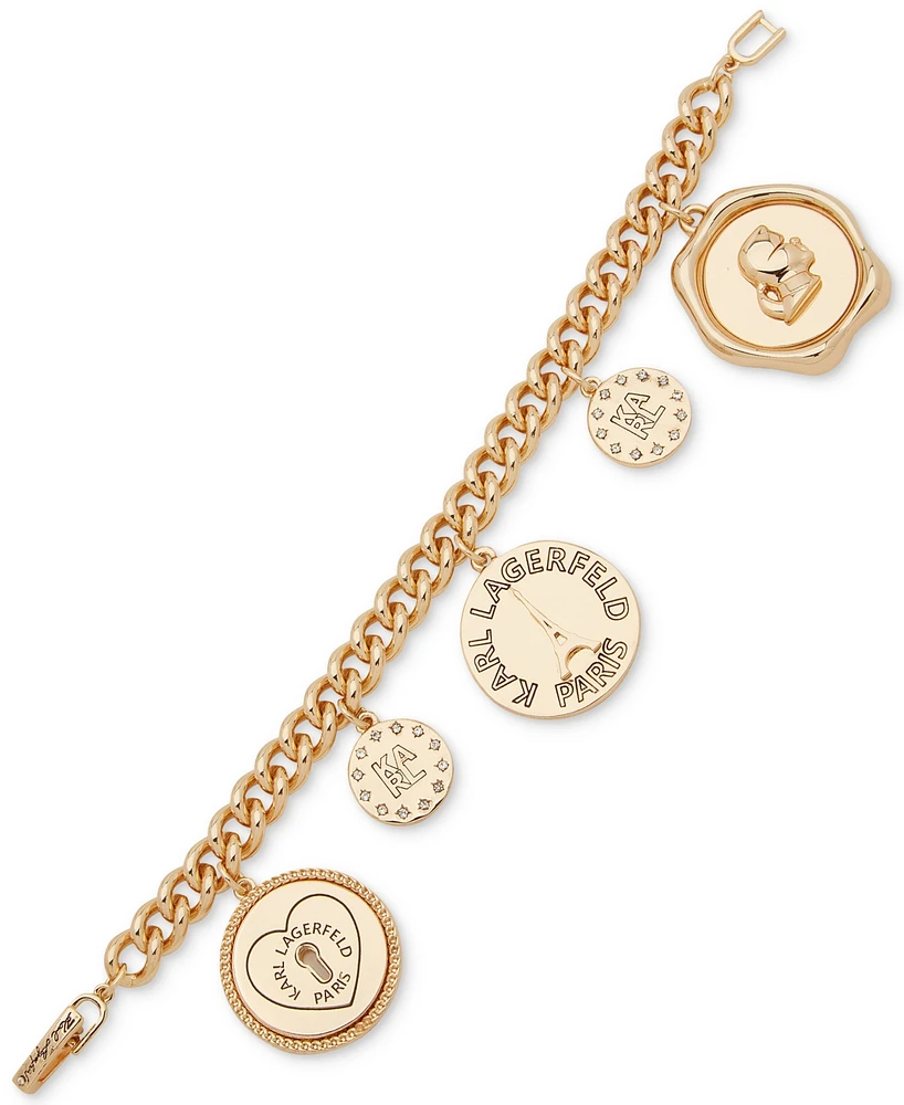 Karl Lagerfeld Paris Gold-Tone Crystal Coin Logo Charm Link Bracelet