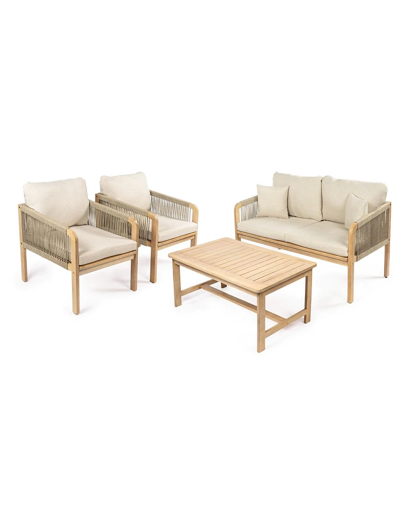 Jonathan Y Tavira 4-Piece Modern Bohemian Acacia Wood Outdoor Patio Set with Cushions and Plain Decorative Pillows, Beige/Light Teak