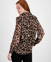 T Tahari Women's Animal-Print Collared Button-Down Blouse