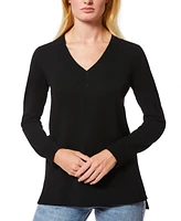 Melissa Paige Women's Ribbed Seamed Long-Sleeve High-Low-Hem V-Neck Sweater