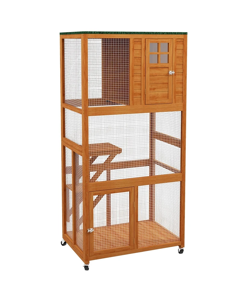 PawHut 74" Wooden Outdoor Cat House Catio Outdoor Cat Enclosure, Orange