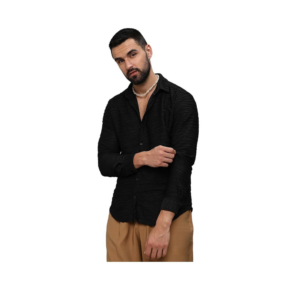 Campus Sutra Men's Midnight Black Self-Design Wave Shirt