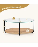 Givimo 2-Tier Glass-Top Oval Coffee Table with Wooden Shelf for Living Room