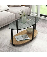 Givimo 2-Tier Glass-Top Oval Coffee Table with Wooden Shelf for Living Room