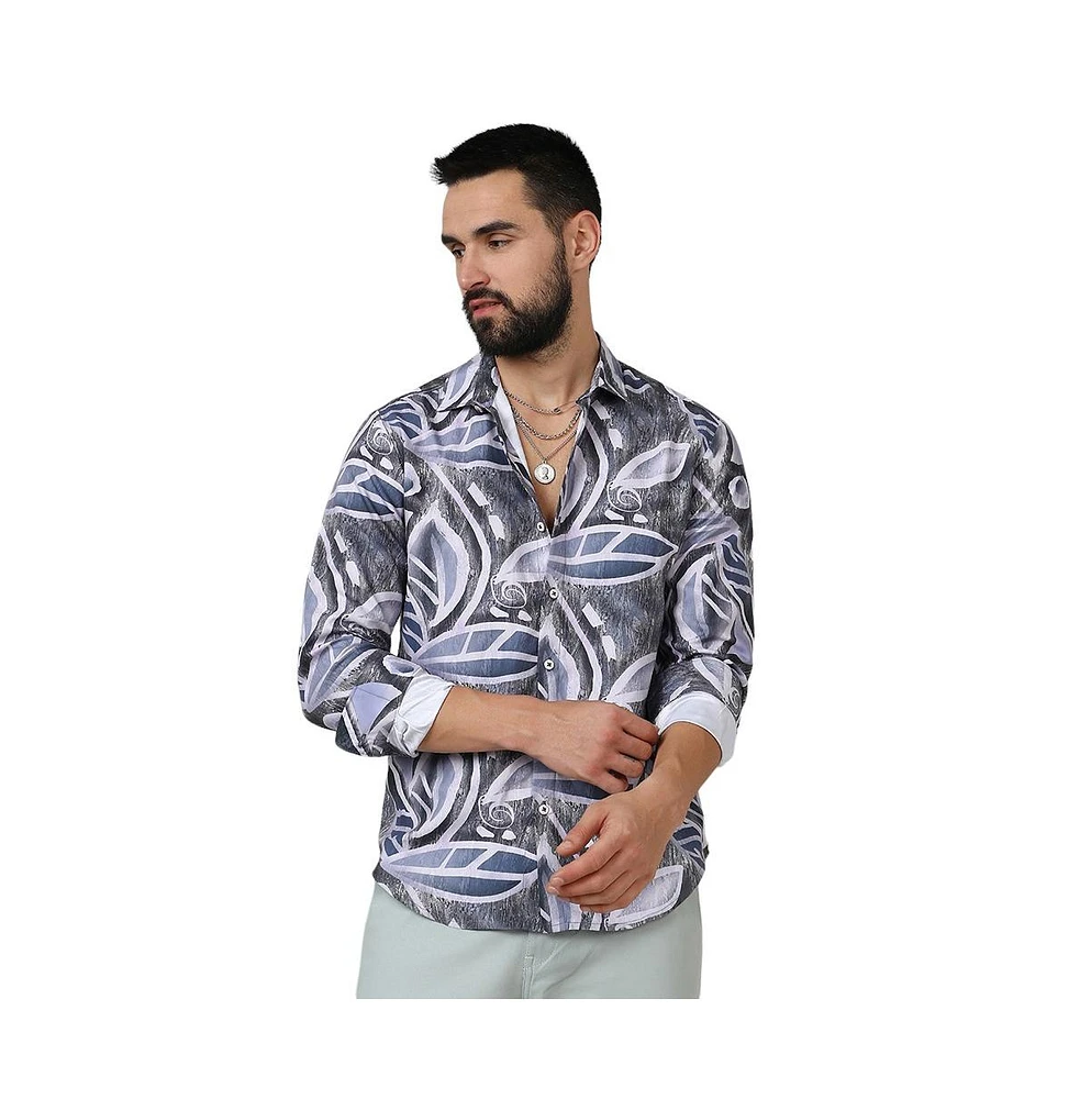 Campus Sutra Men's Charcoal Grey & Prussian Blue Marble Foliage Shirt