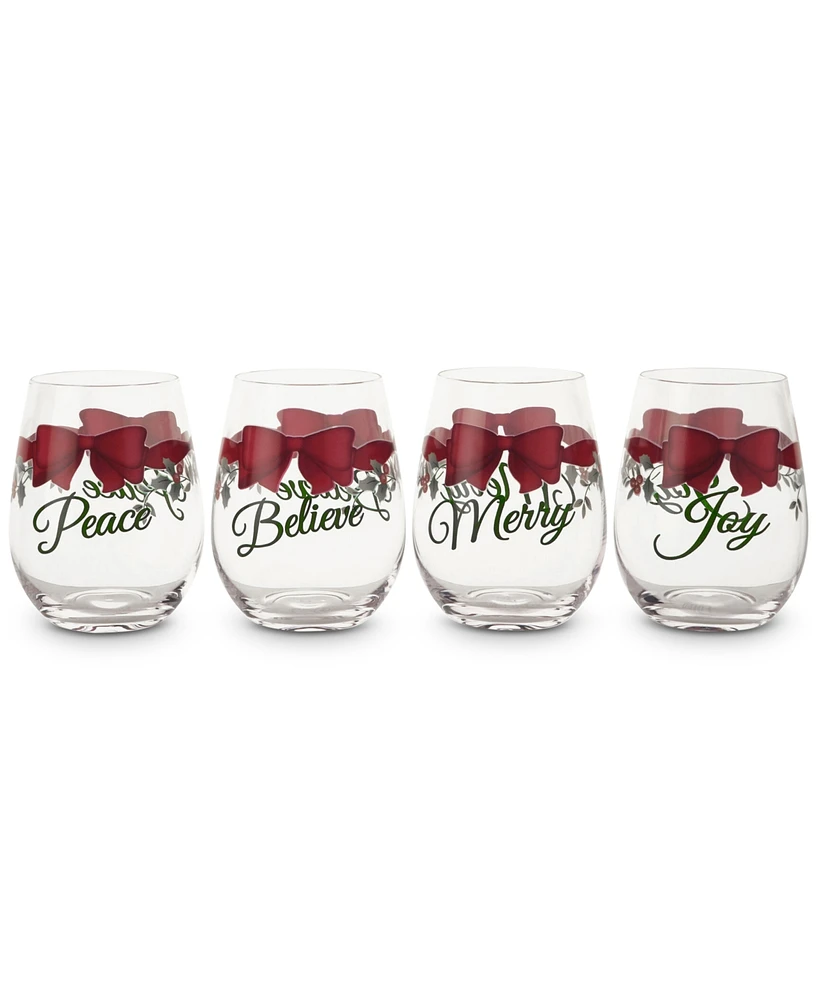 Winterberry Red Ribbon Stemless Wine Glasses, Set of 4