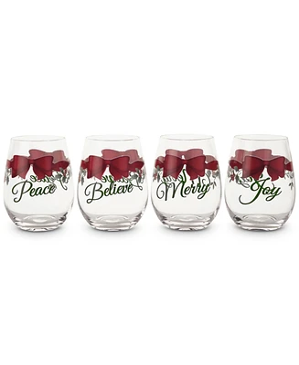 Winterberry Red Ribbon Stemless Wine Glasses, Set of 4