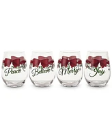 Winterberry Red Ribbon Stemless Wine Glasses, Set of 4