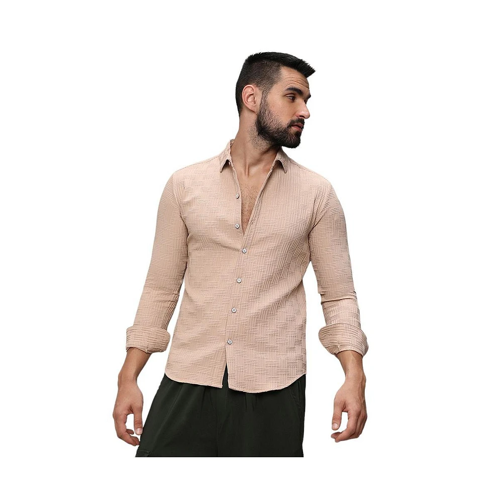 Campus Sutra Men's Beige Self-Design Intertwine Shirt