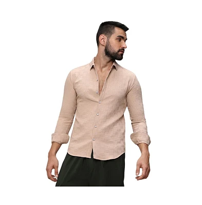 Campus Sutra Men's Beige Self-Design Intertwine Shirt