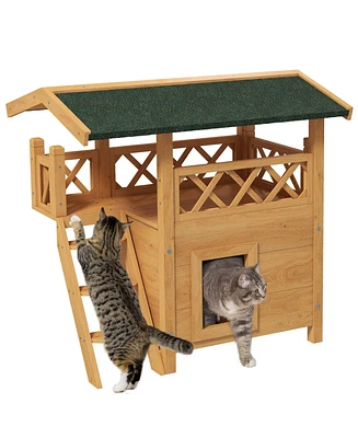 PawHut Outdoor Cat House, Wooden Kitten Condo, Natural