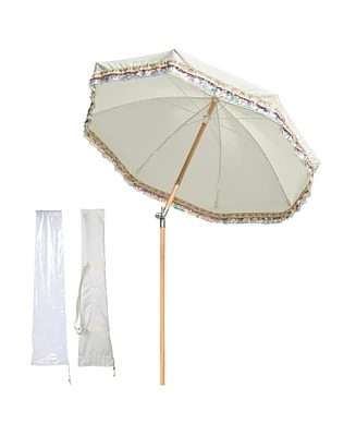 LAGarden 6 Ft Fringe Patio Umbrella with Tassel Jazz Age Wood for Garden, Beige with muti-colored sequin,Model: JZ6-12