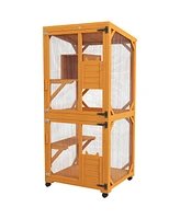 PawHut Large Cat House for 1-3 Cats on Wheels Wooden Catio Enclosure Orange