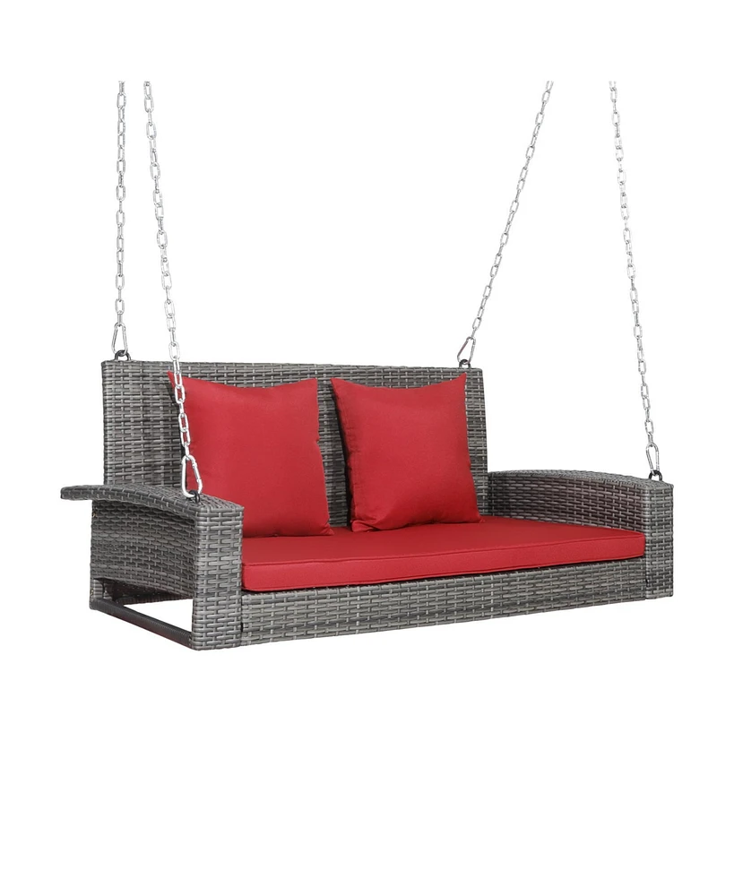 Sugift 2-Person Patio Pe Wicker Hanging Porch Swing Bench Chair Cushion 800 Pounds