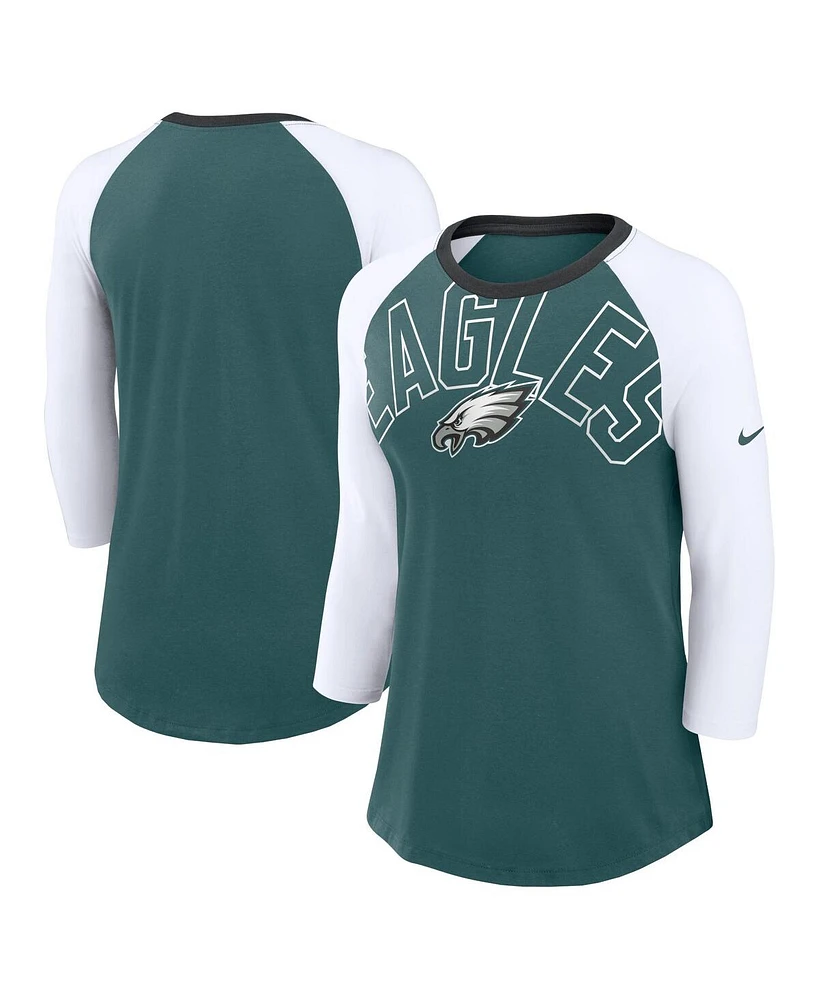 Nike Women's Midnight Green/White Philadelphia Eagles Knockout Arch Raglan Tri-Blend 3/4-Sleeve T-Shirt