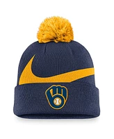 Nike Men's Navy Milwaukee Brewers Swoosh Peak Cuffed Knit Hat with Pom