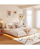 Mondawe Beige Floating Bed Frame with Led Light and Charging Station Upholstered Platform